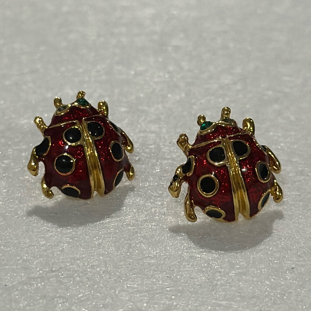 Vintage lady bug red gold post earrings
